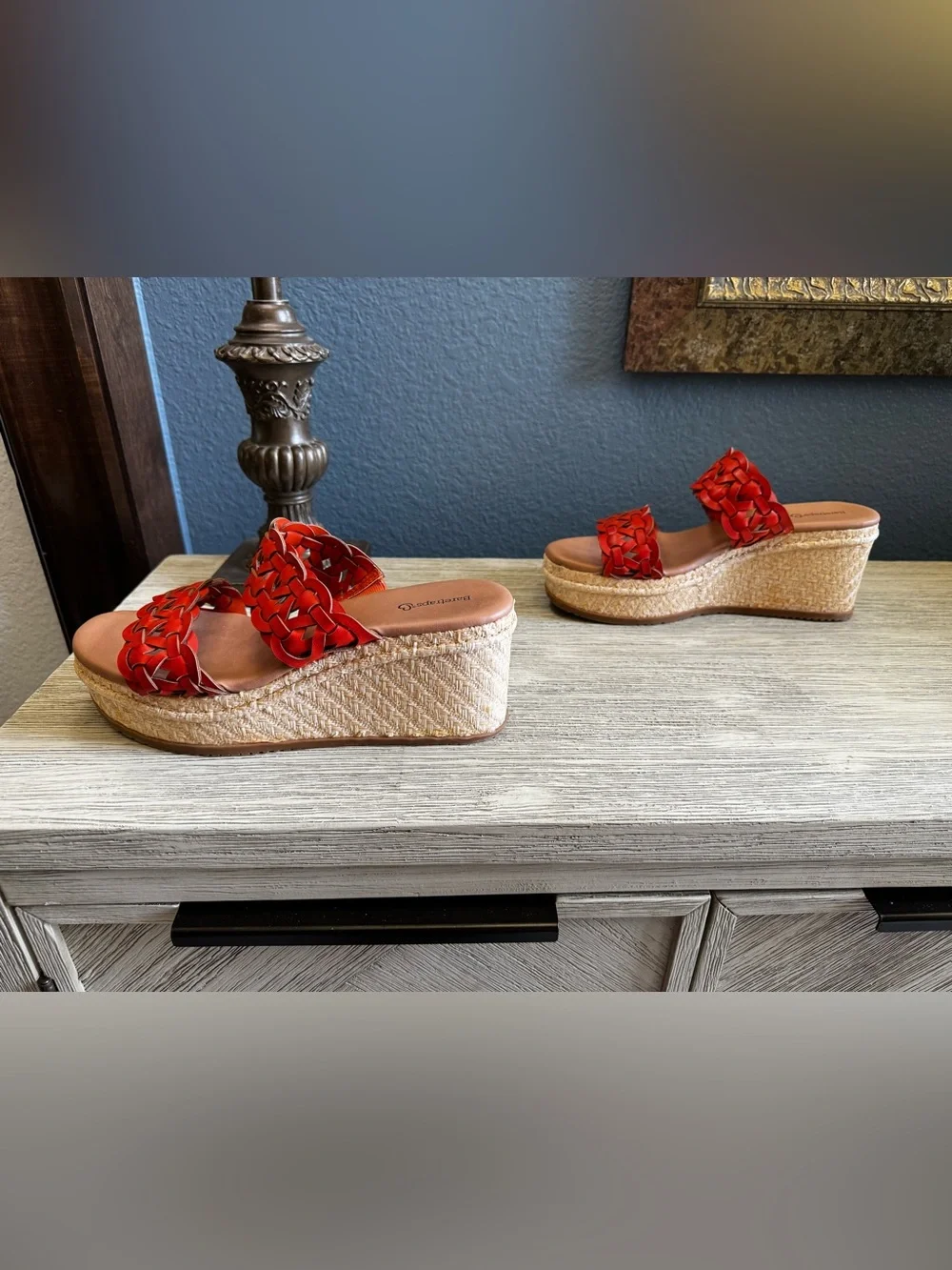 NEW!!! BareTraps Red Orange Braided Double Strap Slide Sandals